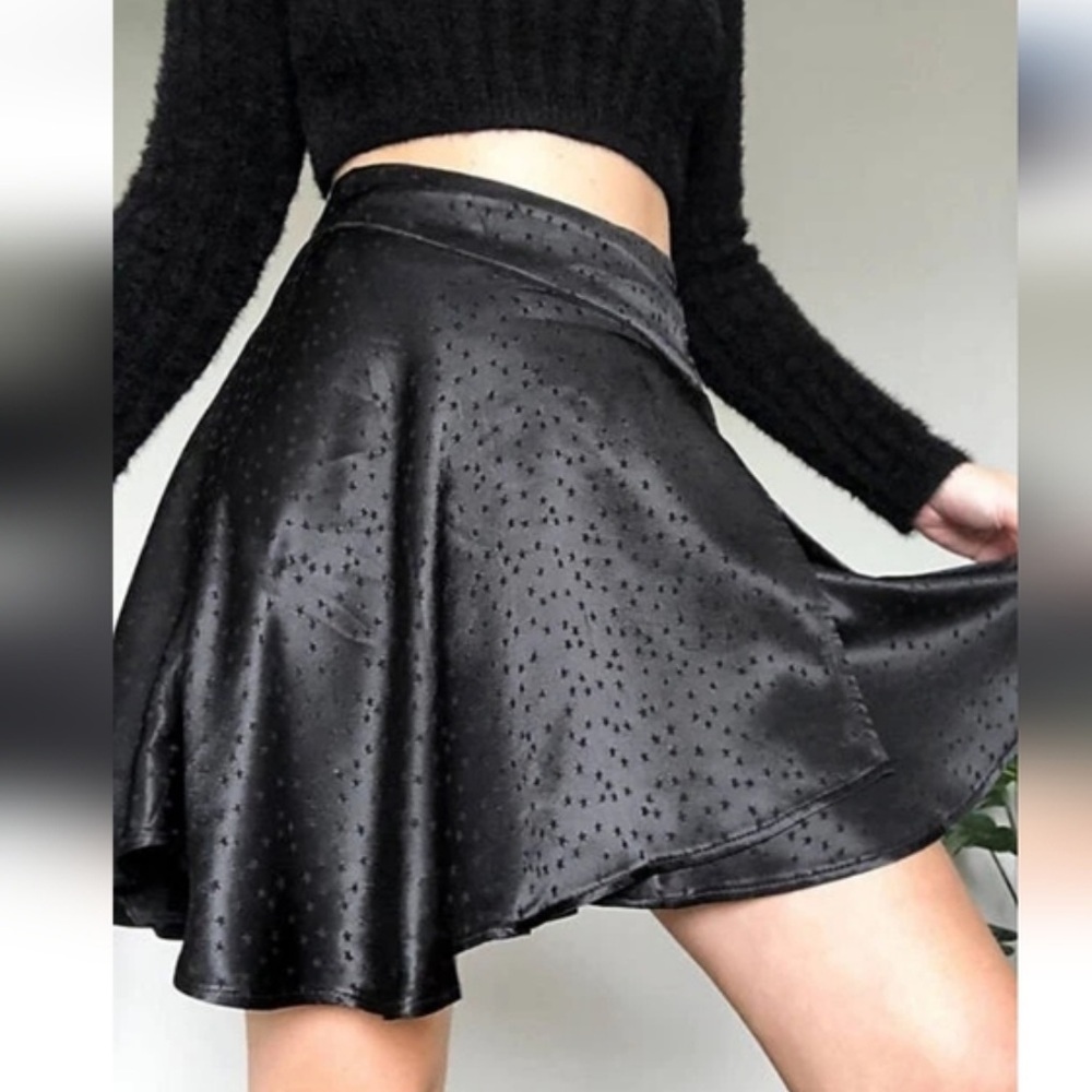 Free People Starstruck Satin Celestial Star Asymmetrical Skirt Black Satin Skirt